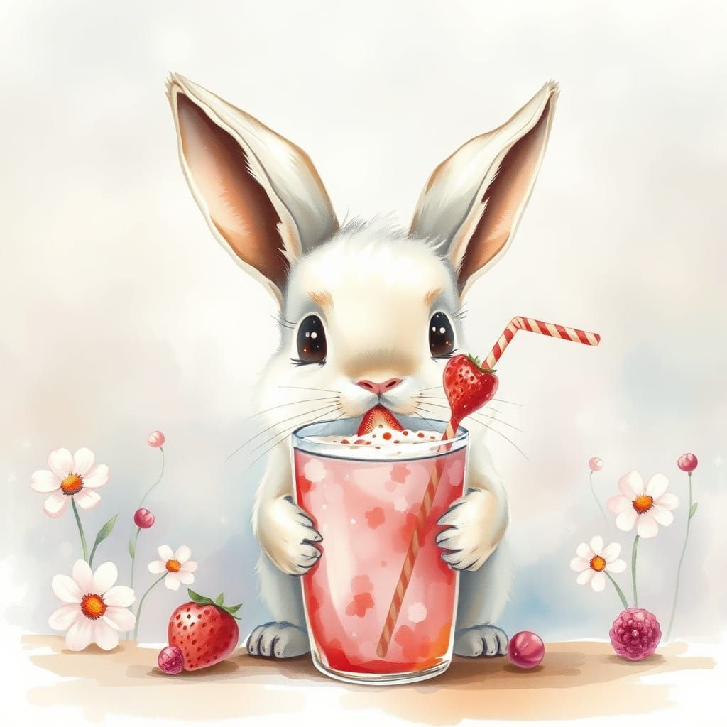 Whimsical Watercolor Bunny Sips Strawberry Milkshake in Drea...