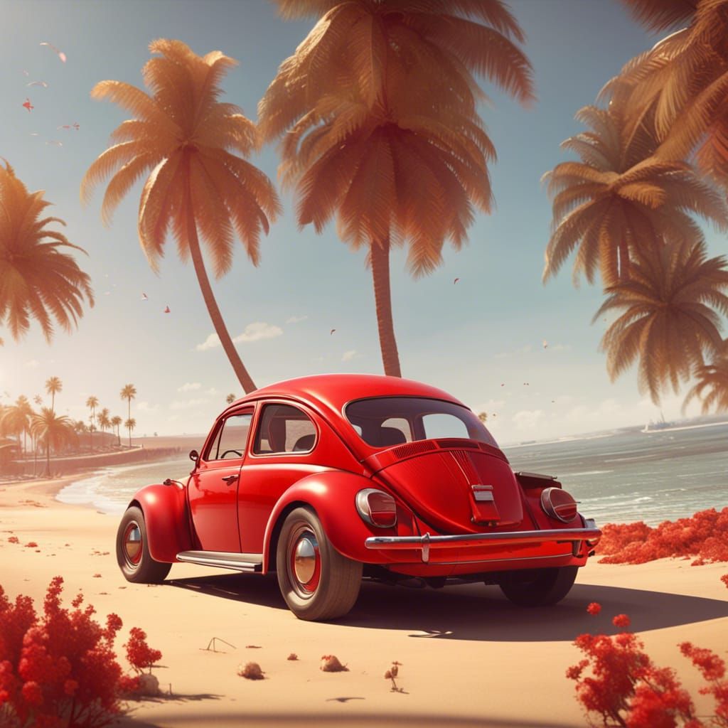 Vintage Beetle Driving on Beach, Digital Art