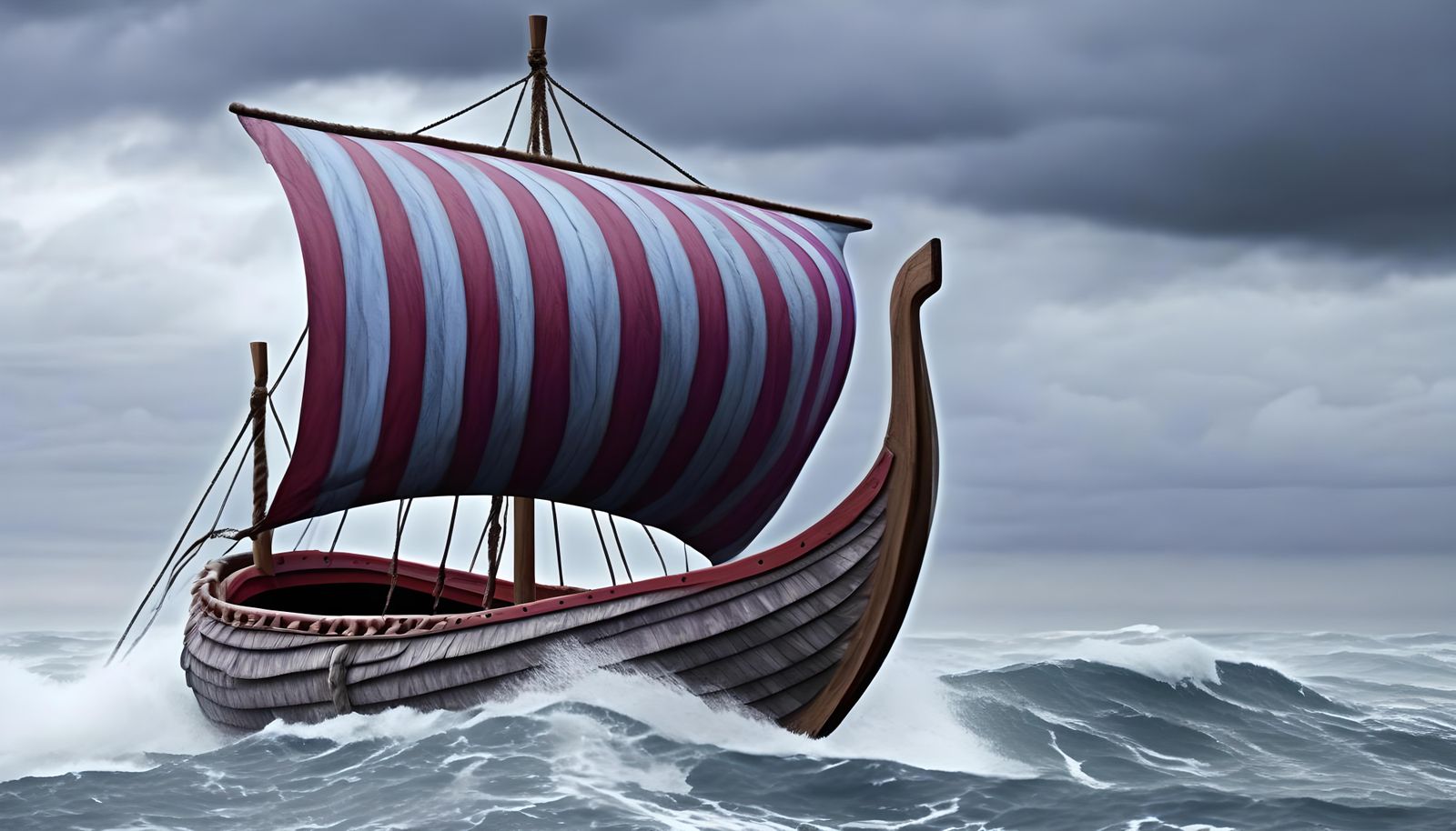 Viking Ship on Stormy Ocean Under Grey Clouds