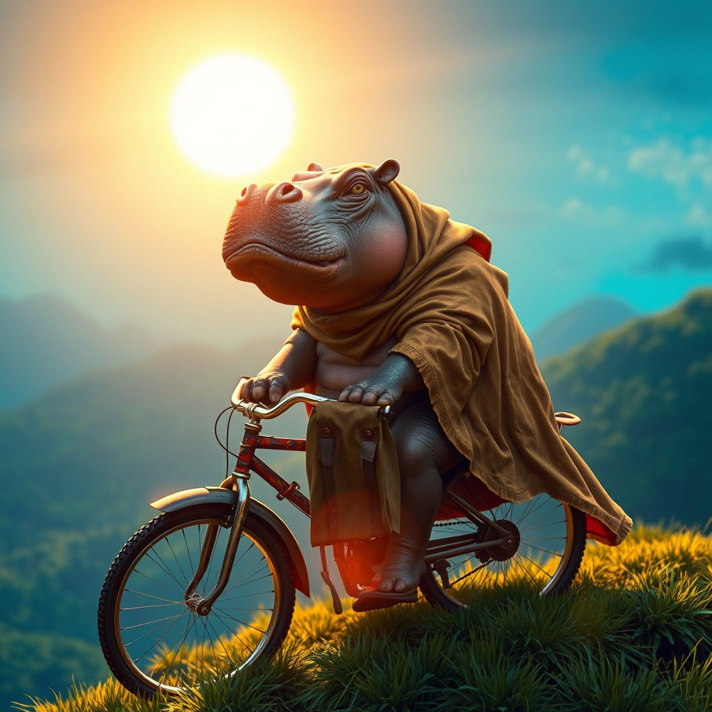 Hippo on Bicycle, Detailed Matte Painting