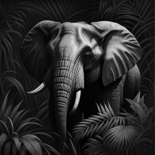 Elephant in Jungle: Hyperrealistic Charcoal Drawing