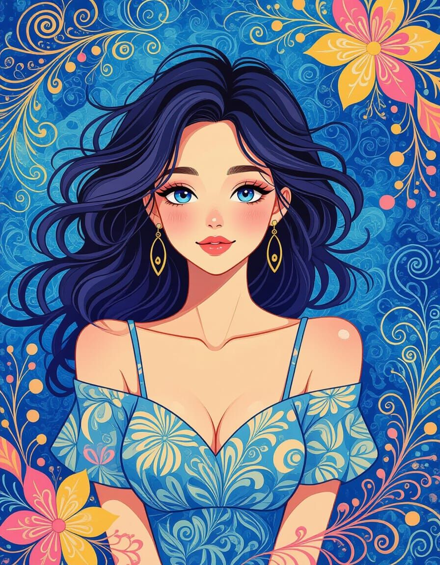 Anime Woman with Abstract Patterns in Gouache and Watercolor