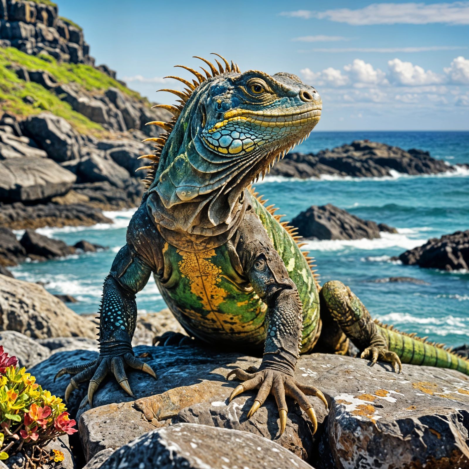 Joyful Galapagos Iguana on Rocky Shore