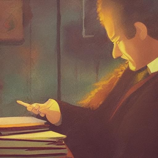 Contemplative Man Studying Books in a Surrealist Oil Paintin...