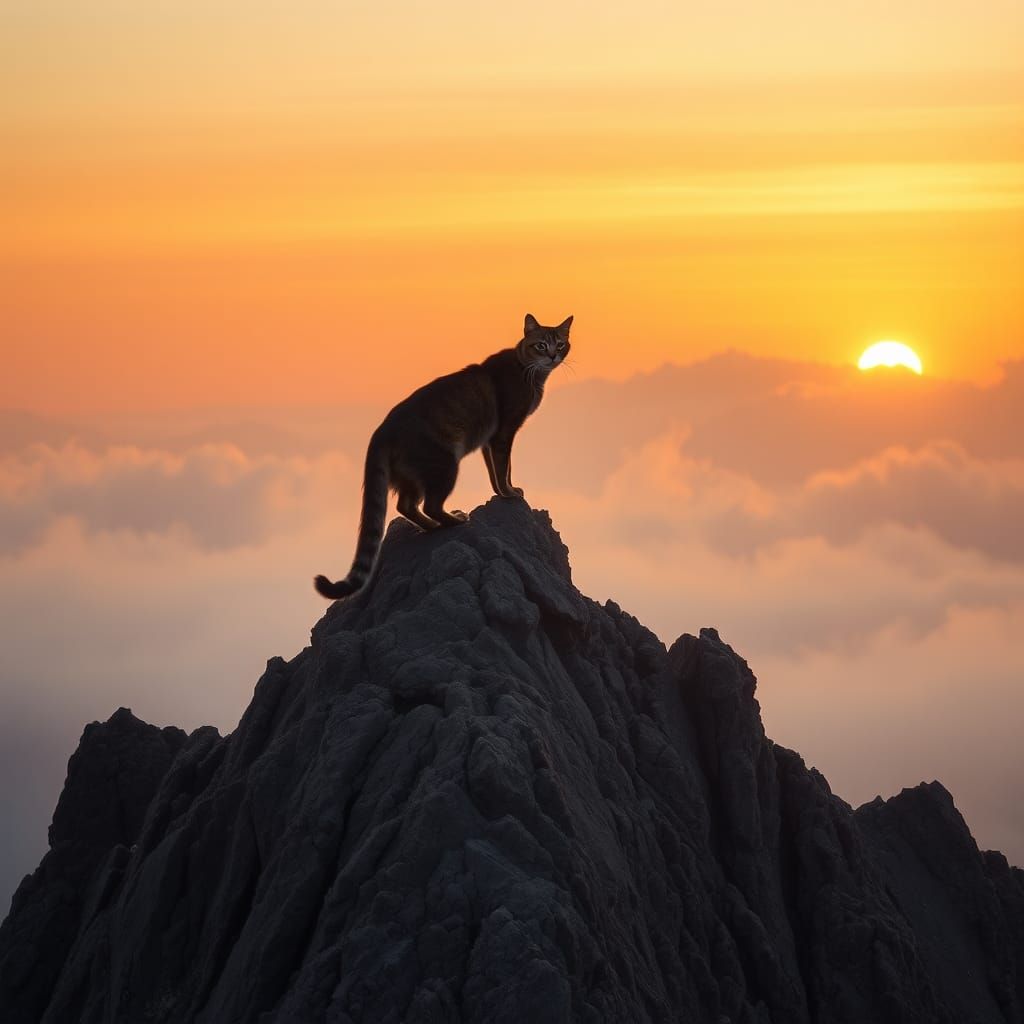 Cat Silhouette on Mountain at Sunset