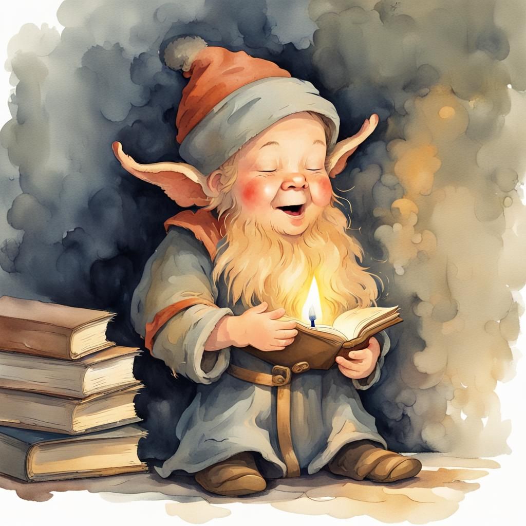Cute Dwarf Yawning with Candle, Watercolor Illustration