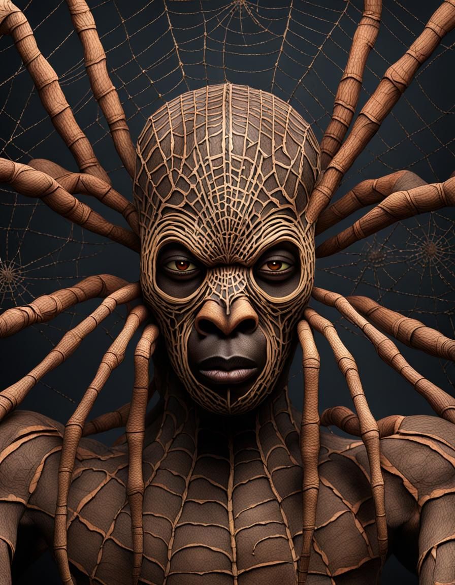 African spider-god Anansi. An African man with spider legs and arms and eyes. Photorealistic finalRender Amanda Sage pri...