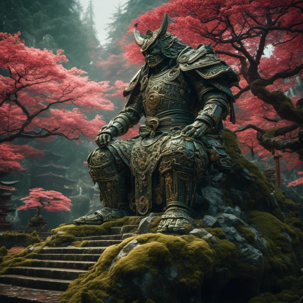 Mossy Marble Samurai Golem in Forest