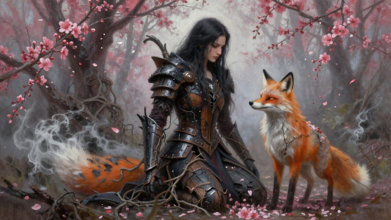 Corrupted Spring Guardian and Fox Spirit in Oil Painting Sty...