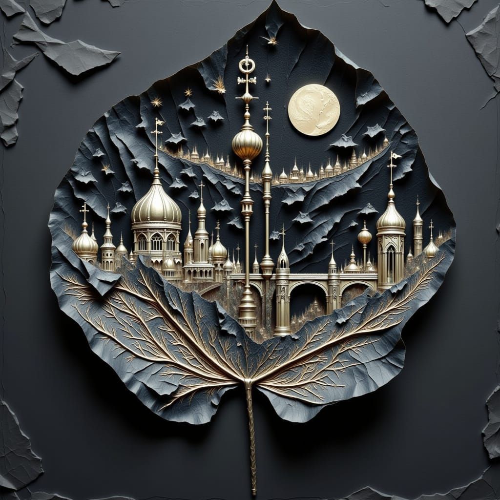 Stylized Black Leaf with Ancient Cityscape Engraving