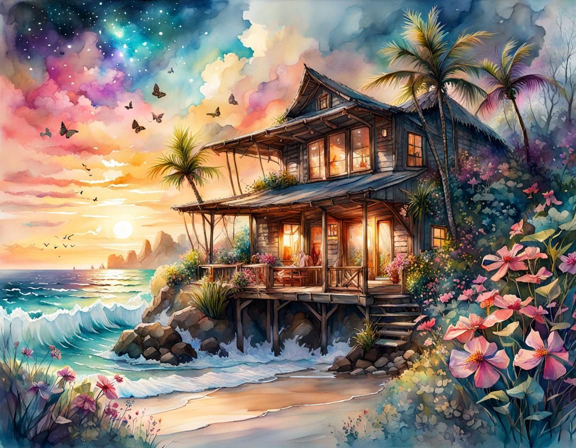 Tropical Beach Cabin with Galaxy Arch, Watercolor Art