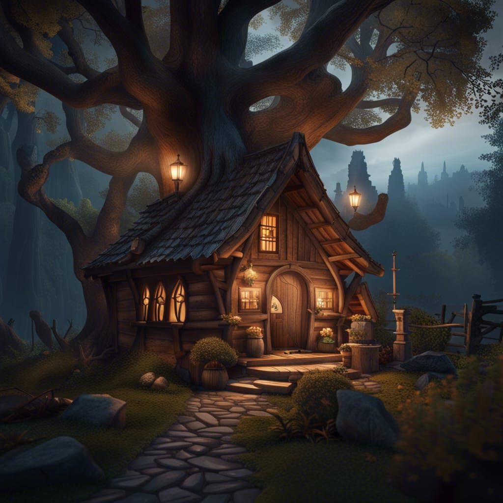Charming Storybook Cabin at Night: Fantasy Concept Art