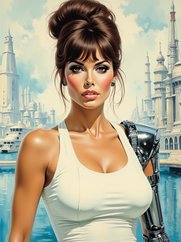 Cybernetic Raquel Welch in Abstract Watercolor Style