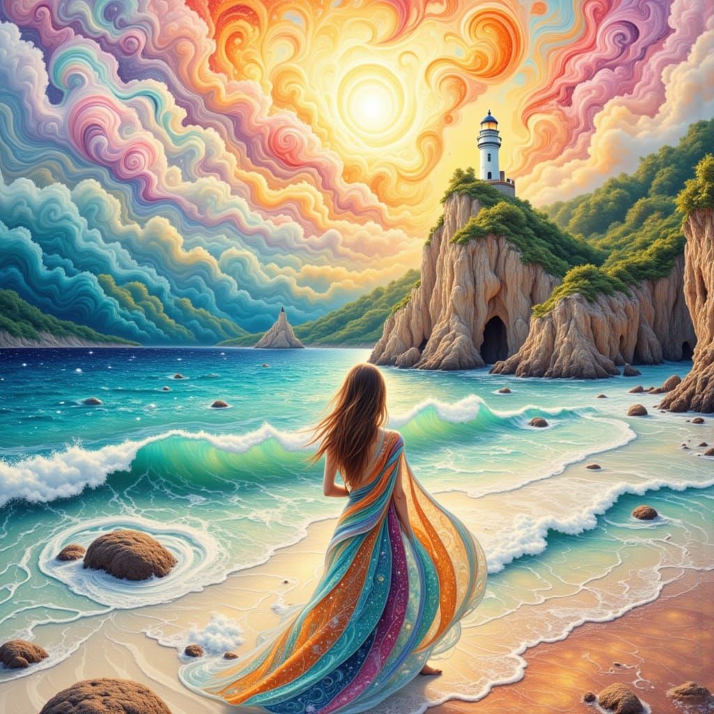 Woman on Beach in Swirling Aquarelle Style