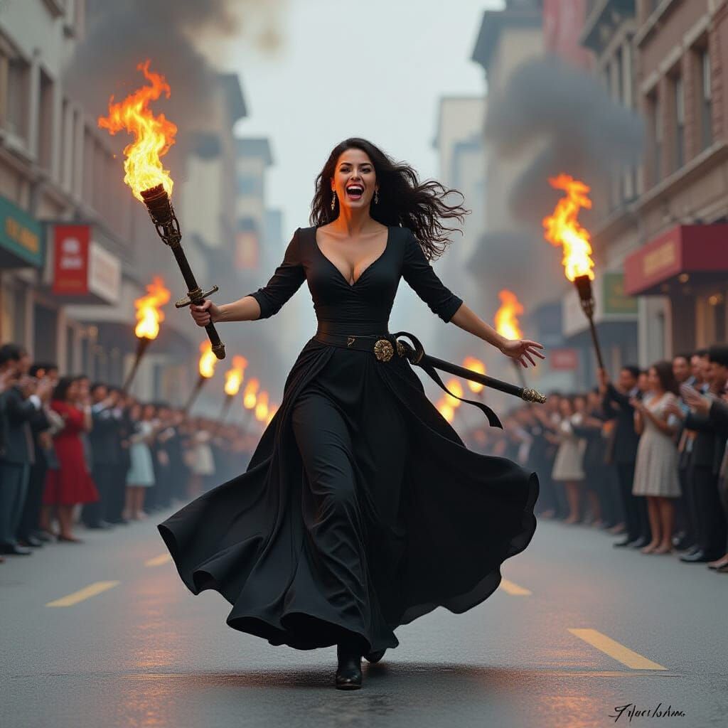 Dynamic Woman with Torches in Futuristic Cityscape