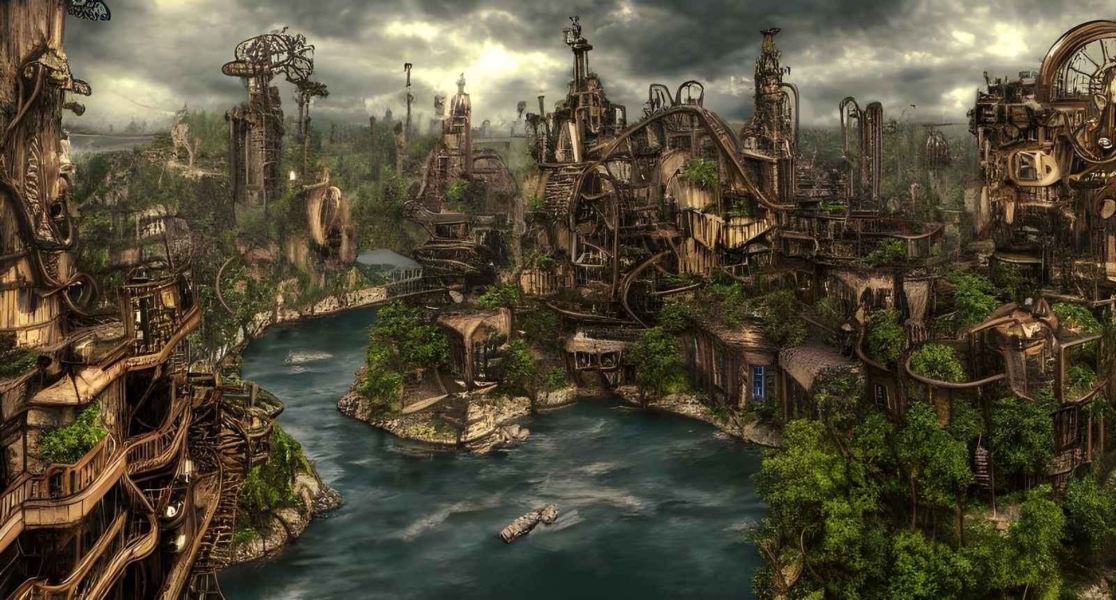 Steampunk City on Cliffside in 8K Resolution