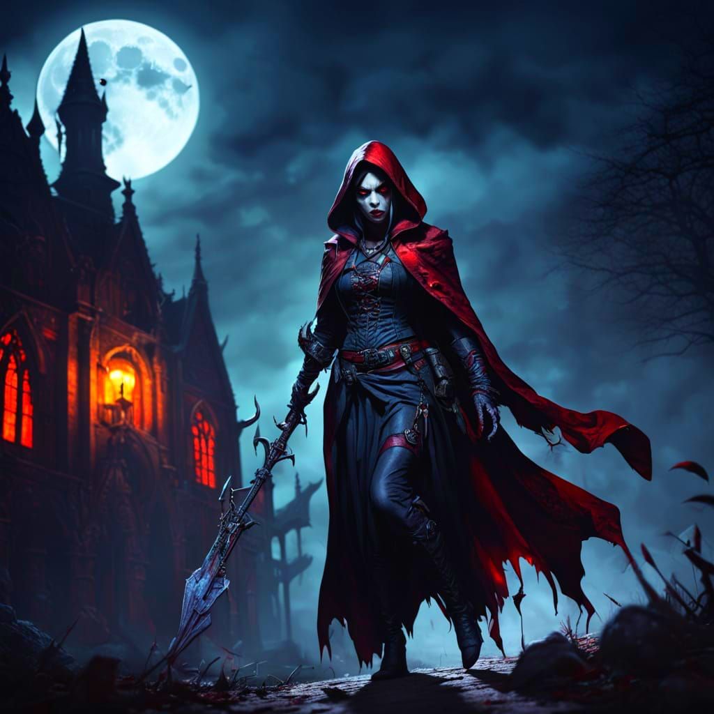 Gothic Vampire Huntress Stalks Innocent Child Under Full Moo...