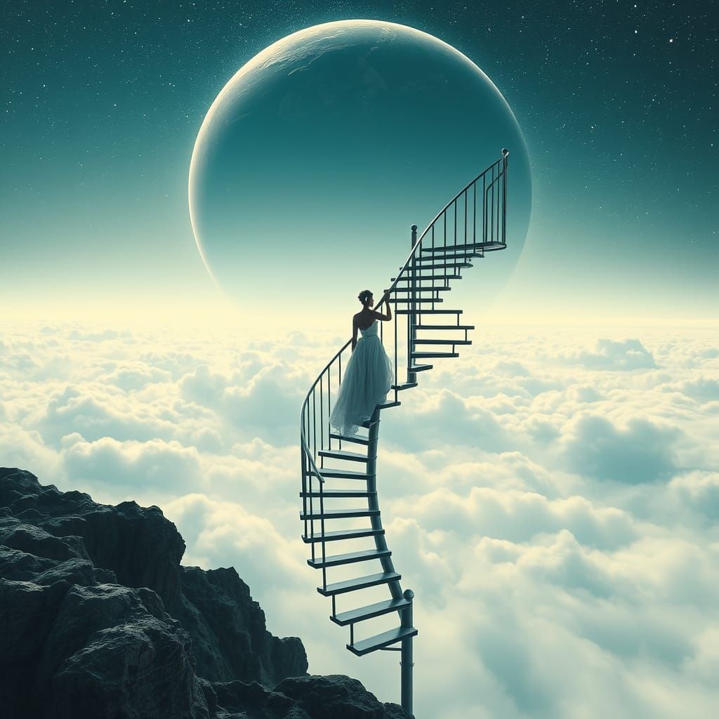 Woman Ascending Staircase in Surreal Dreamscape