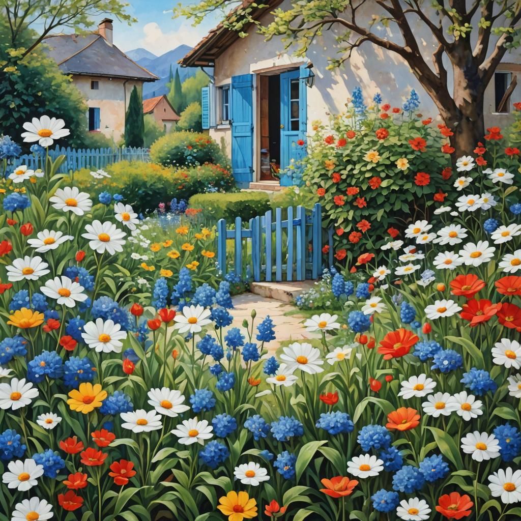 Charming Spring Garden with Cottage, Detailed Matte Painting