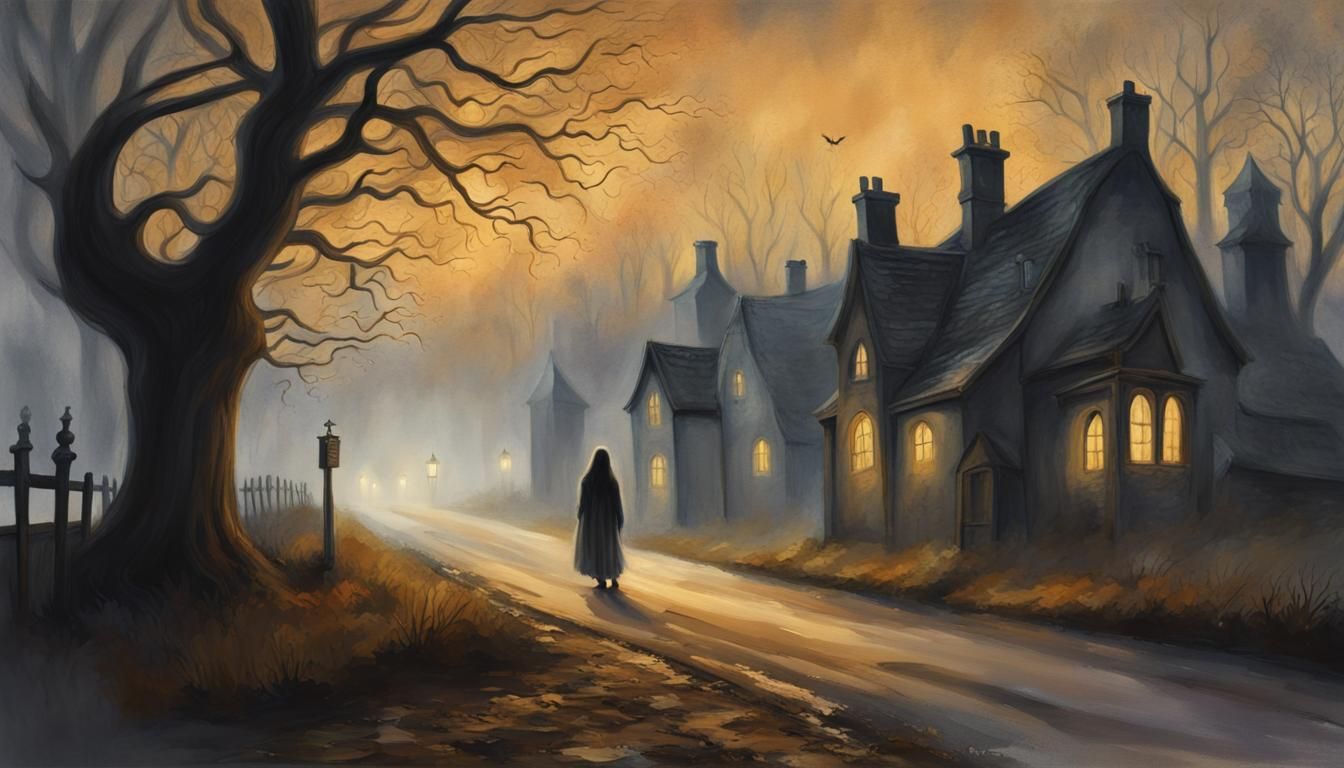 Ghostly Figure in Haunted Village at Dawn