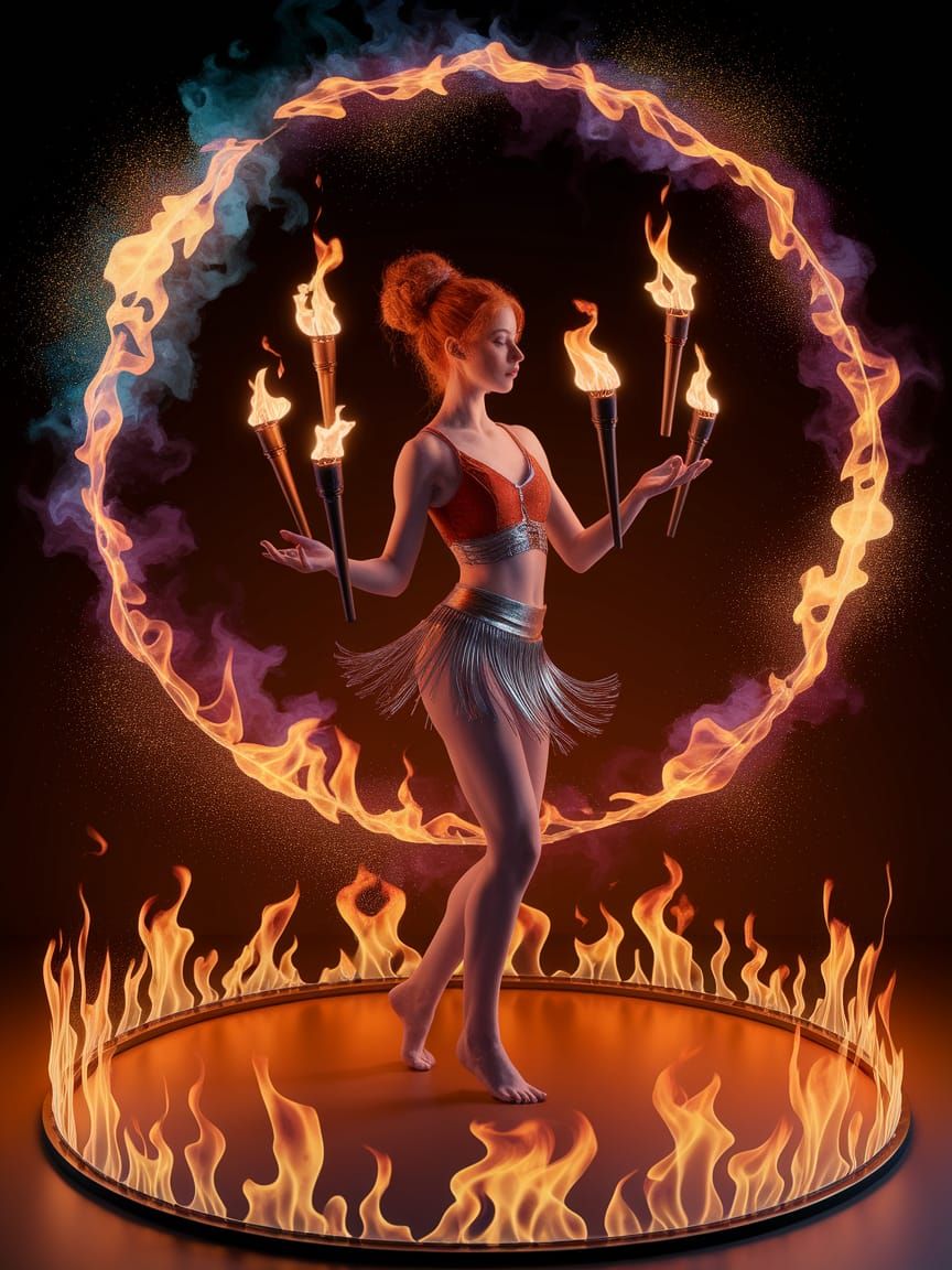 Enchanting Red-Haired Siren Dances with Flames in Vibrant Do...