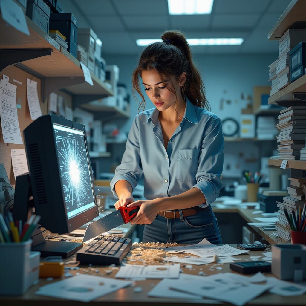 Woman Saws Computer in Half: Detailed Matte Painting