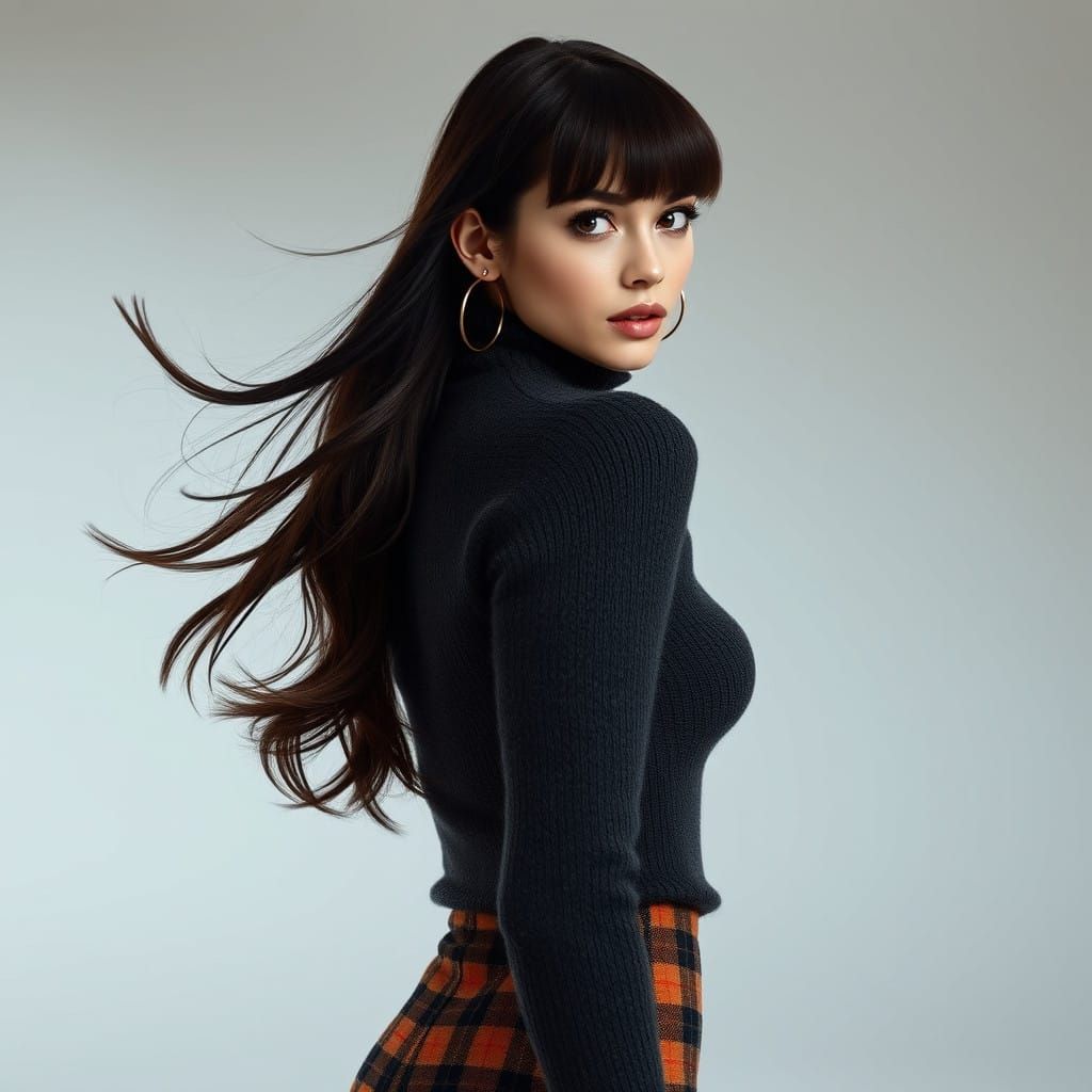 Stunning Brunette Woman in Elegant Attire, Hair Blown Back i...