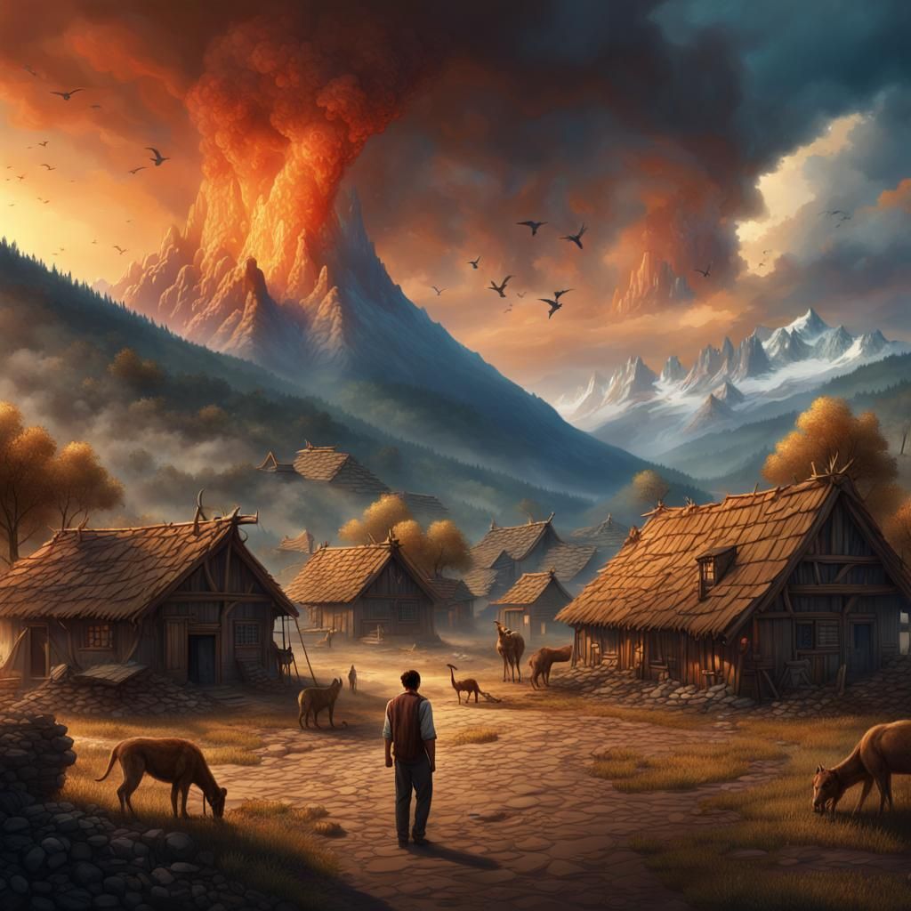 Village Scene with Crying Man, Detailed Matte Painting