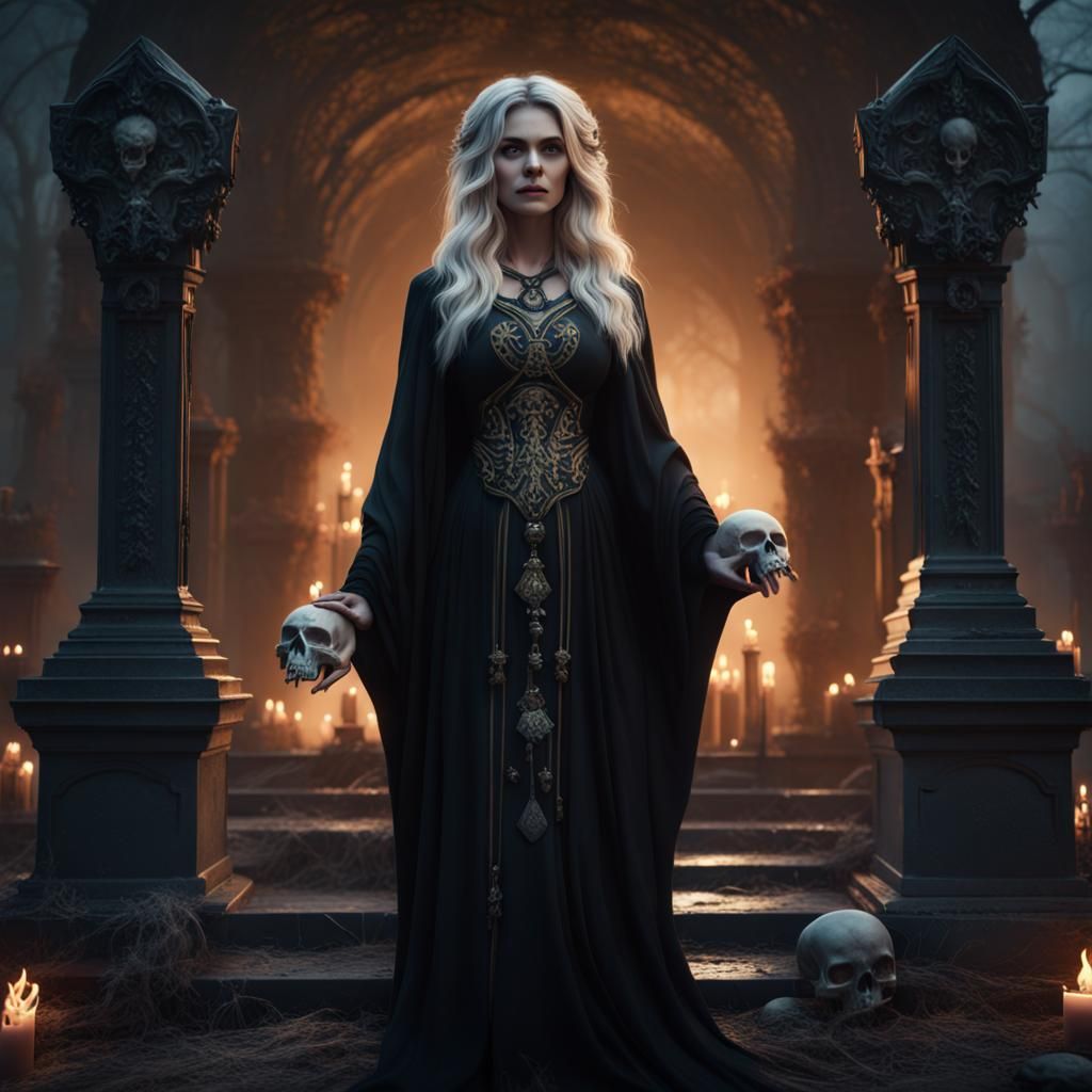 Beautiful Blonde Goddess Hecate Wearing Jet Black Ornate Rob...