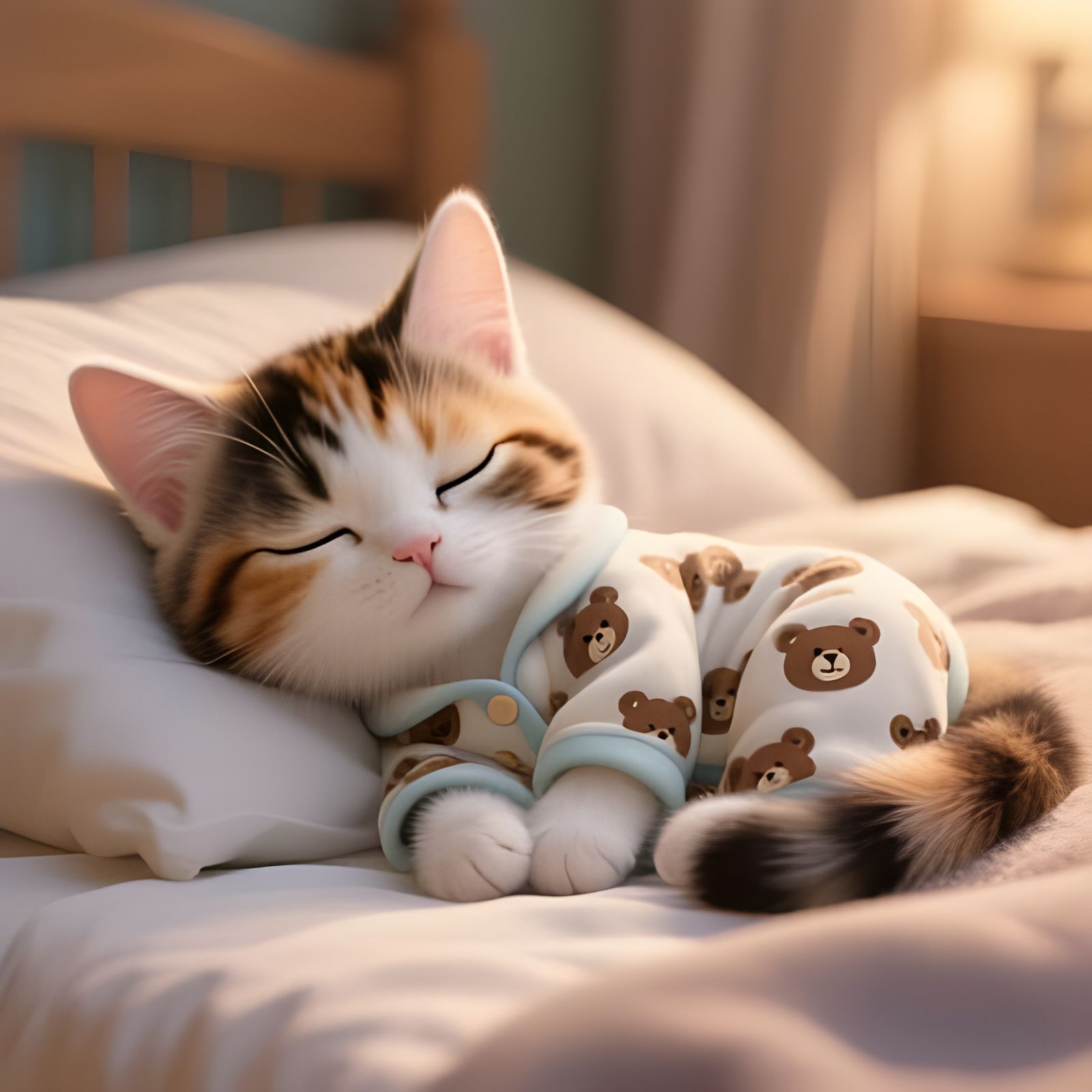 Adorable Calico Kitten Sleeps Peacefully in Cosy Bedroom