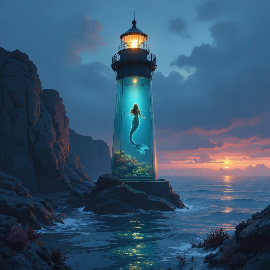 Glass Lighthouse with Mermaid in Stormy Twilight