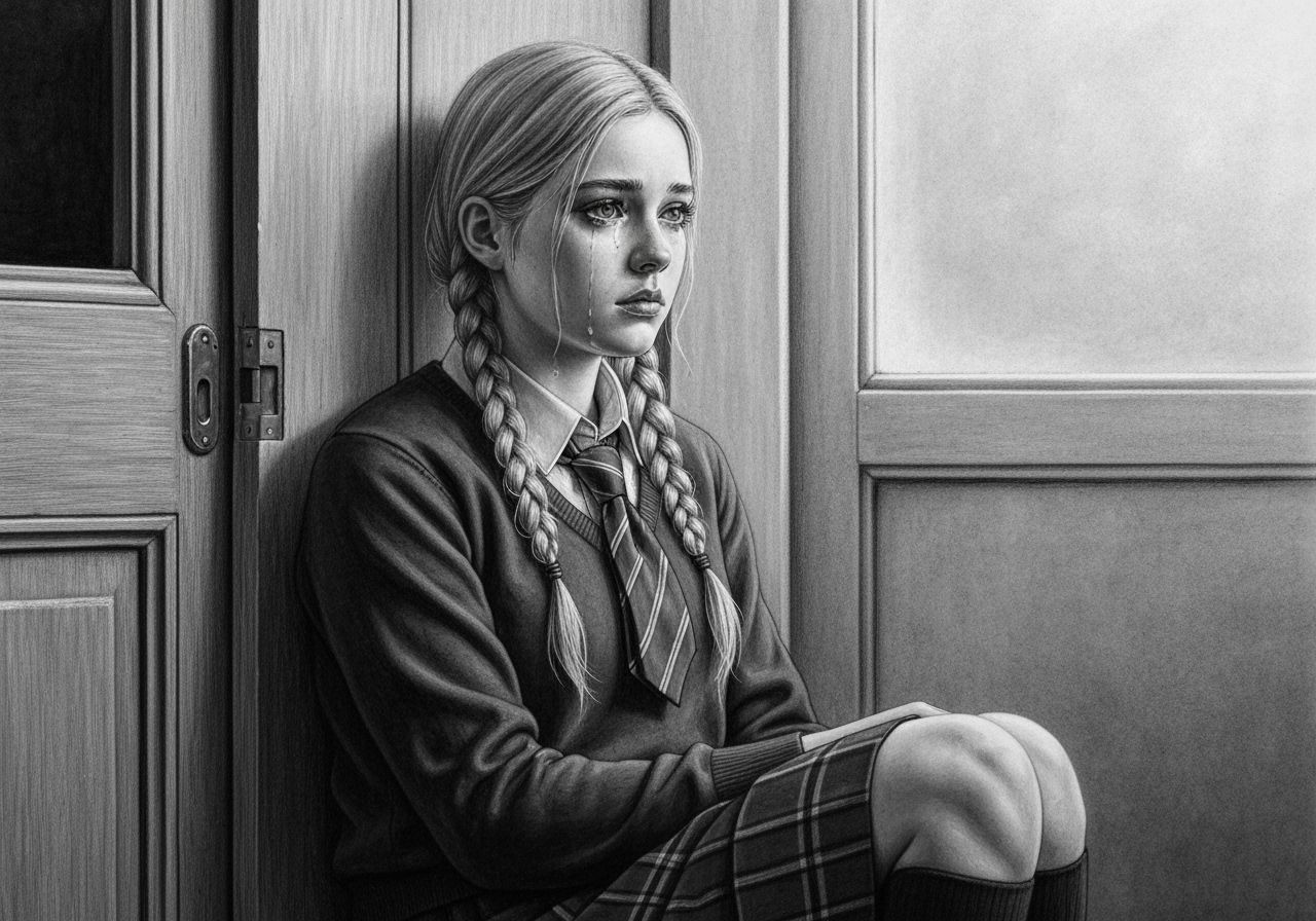 Monochrome Charcoal Drawing of Grieving Young Girl