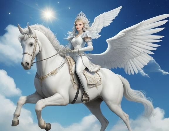 Princess on Winged Horse Soaring Through Cosmic Sky