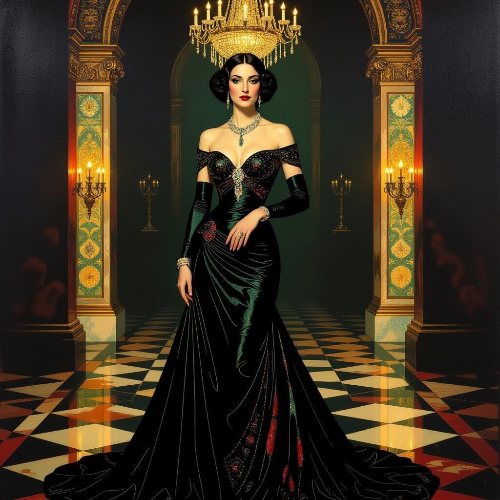 Regal Woman in Opulent Art Deco Ballroom