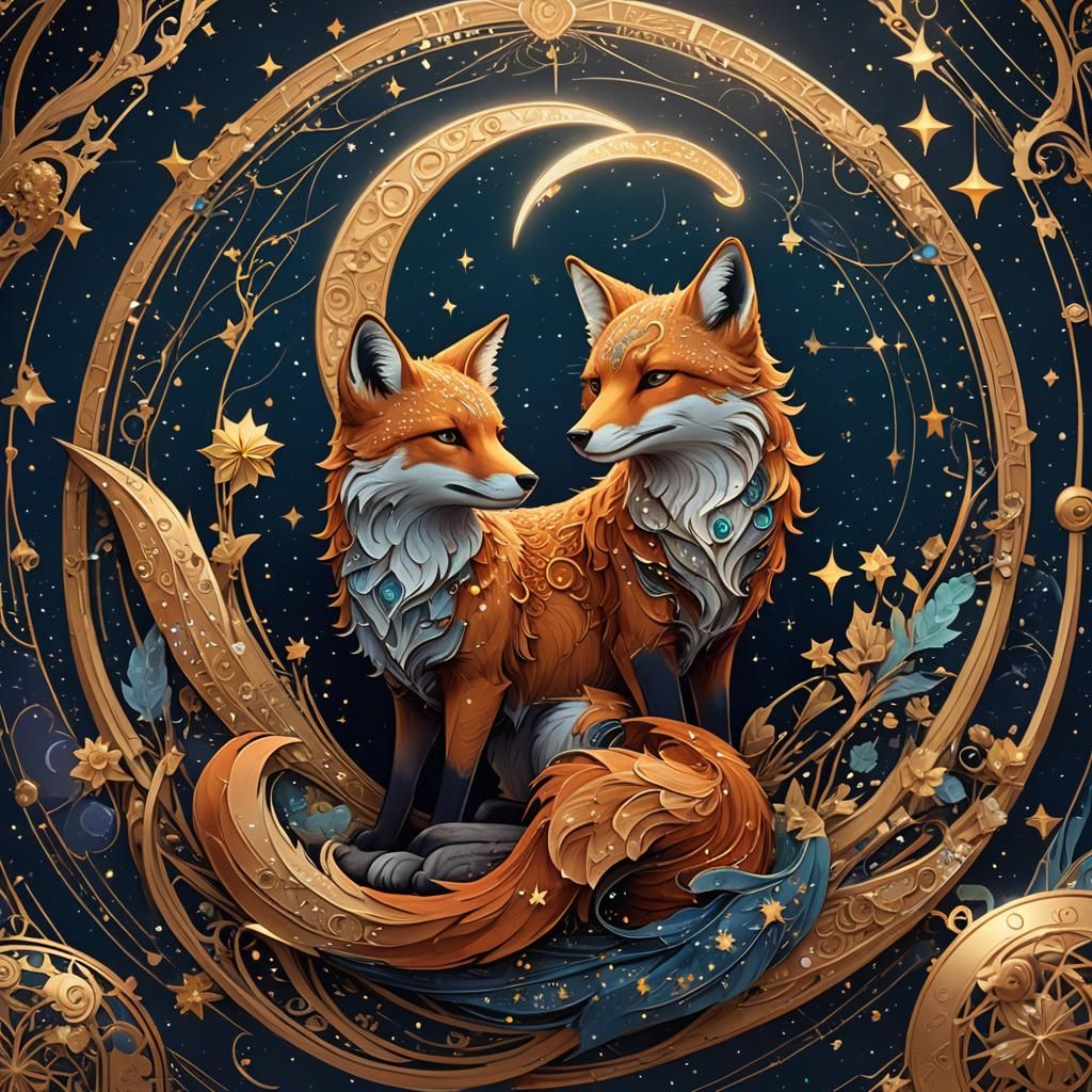 Astral Fox with Zodiac Symbols in Art Nouveau