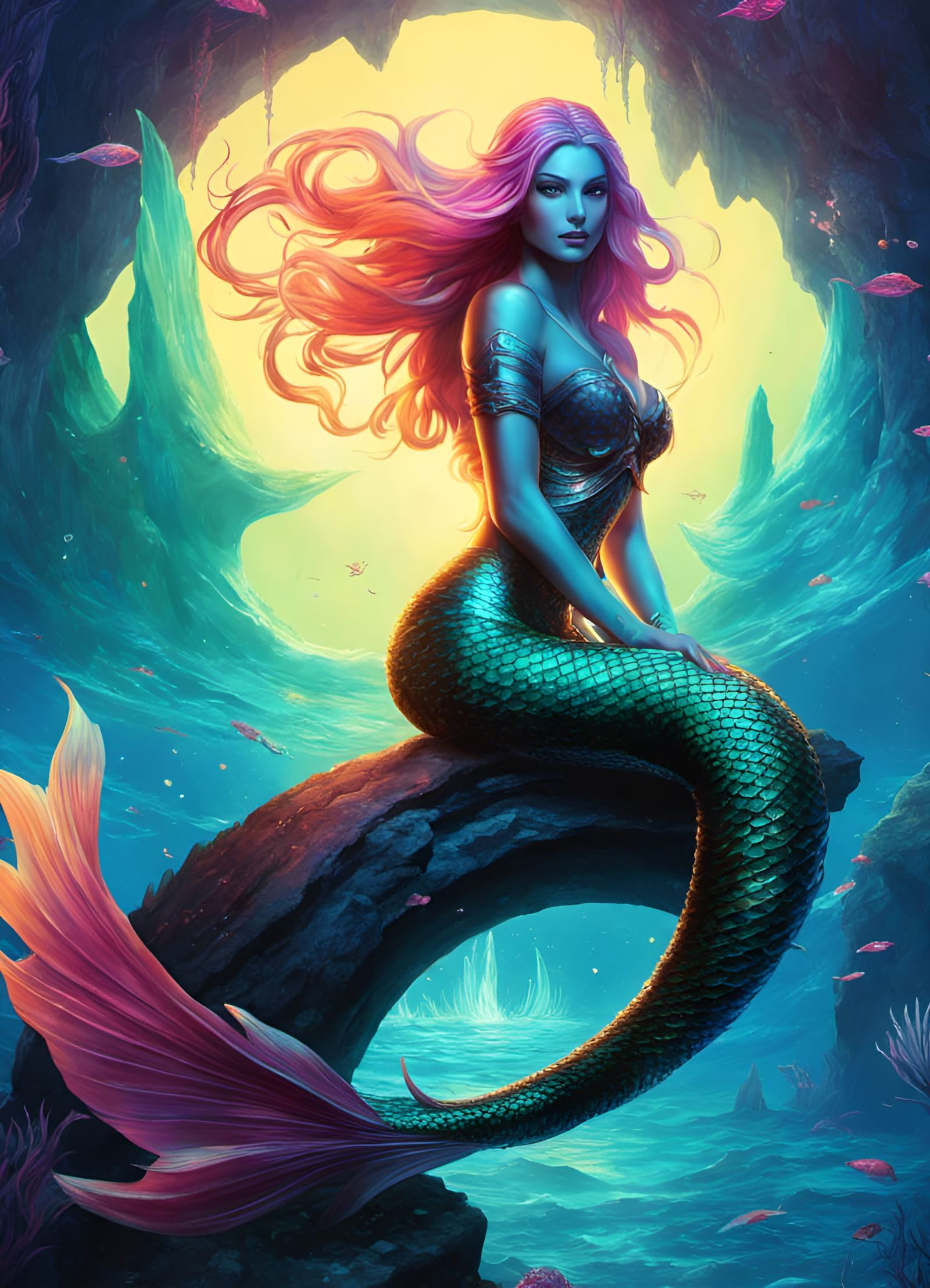 Vibrant Blacklight Mermaid in Oceanpunk Fantasy Art