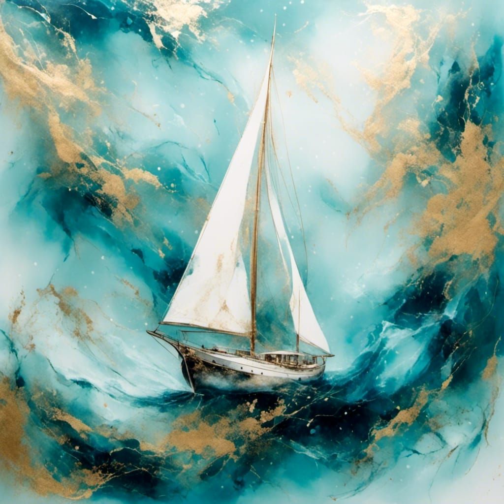Pastel Sailboat in Ocean with Alcohol Ink Effect