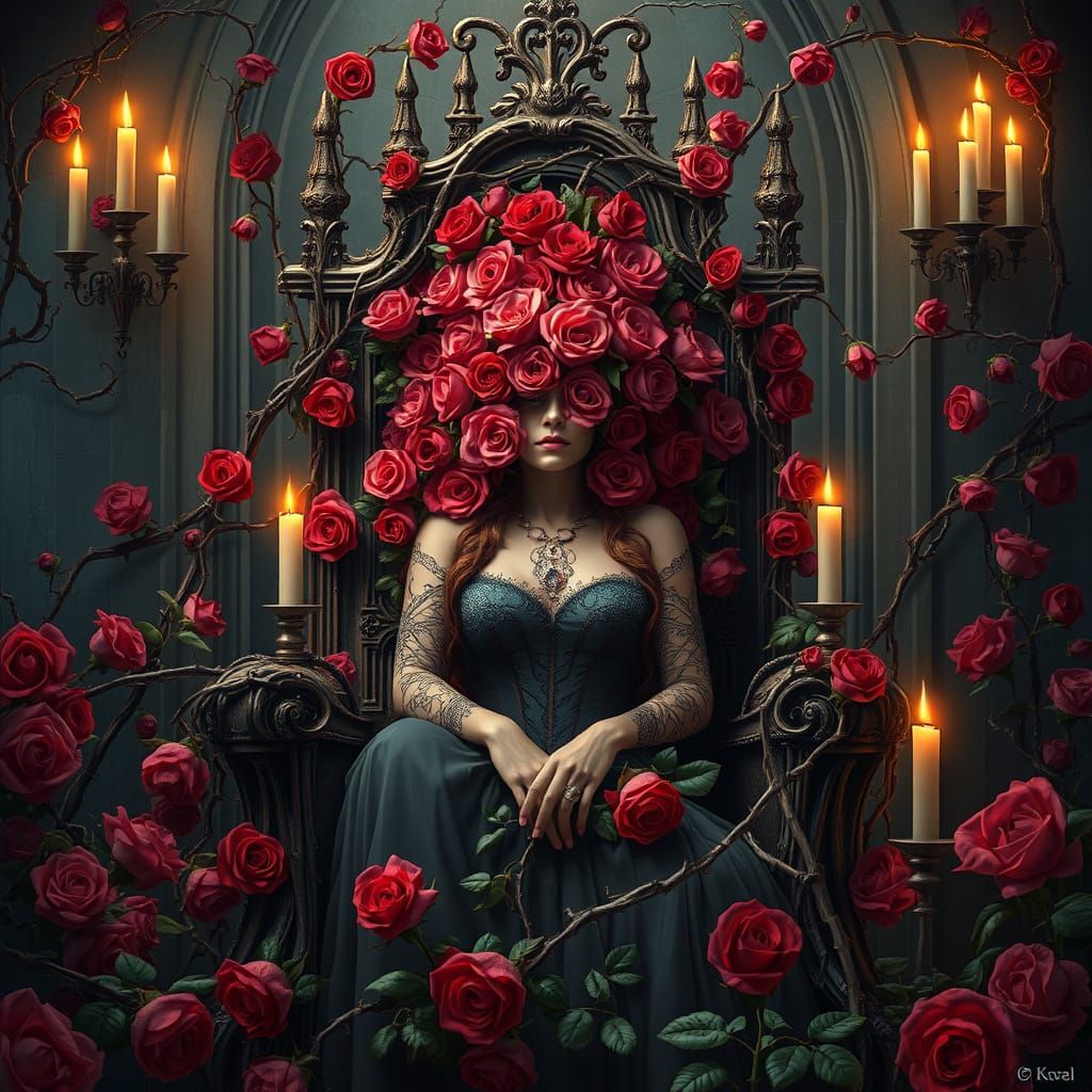 Rose Queen on Thorn Throne: Hyperrealistic Gothic Art