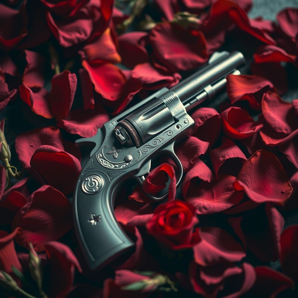 Vintage Revolver Amidst Rose Petals in a Futuristic Nostalgi...