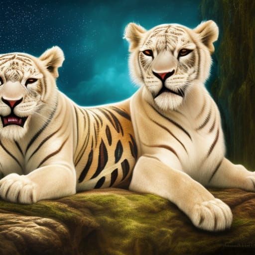Adorable Lioness and Tigress Together: Fantasy Concept Art