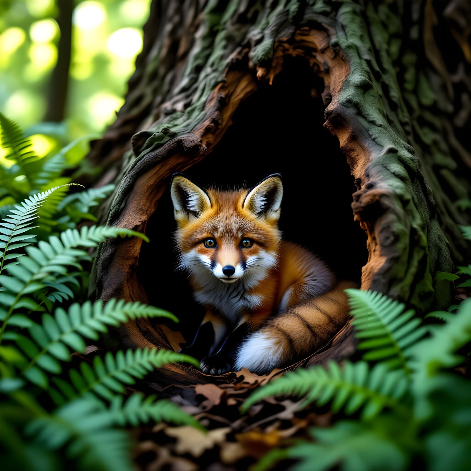 3D Fox Kit Hiding in Forest Log