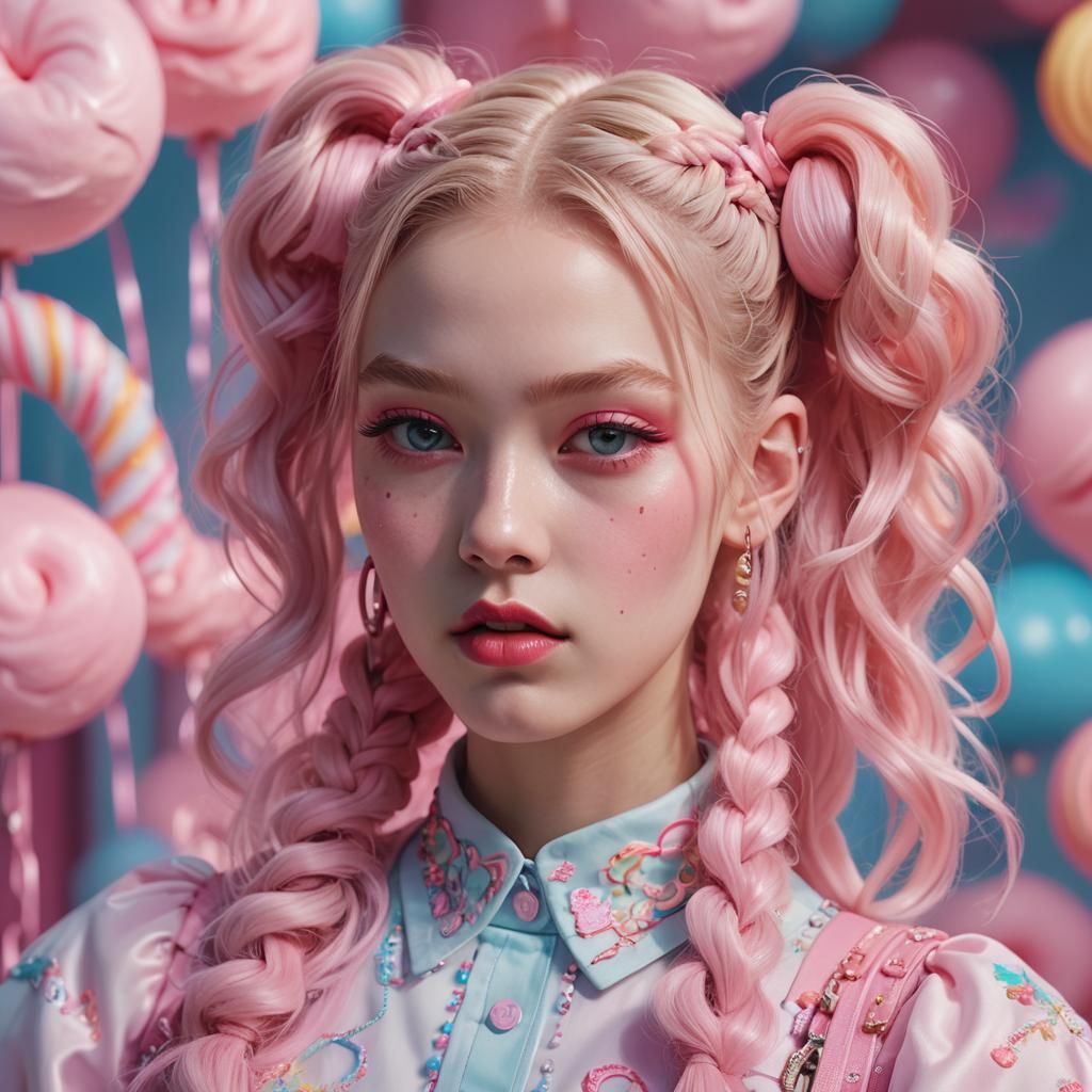 Vogue Runway Model with long Pigtails in the style of candyc...