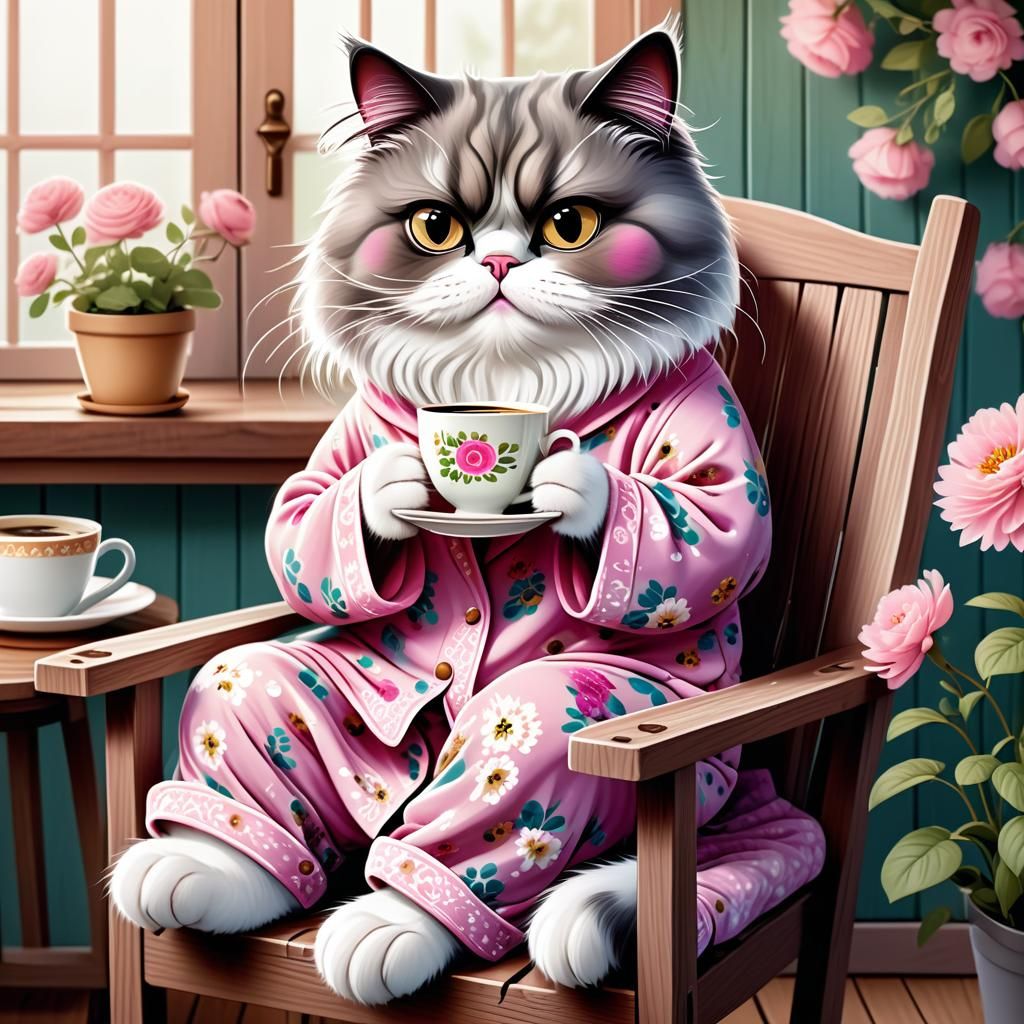 Persian Cat in Cottage-Core Style Illustration