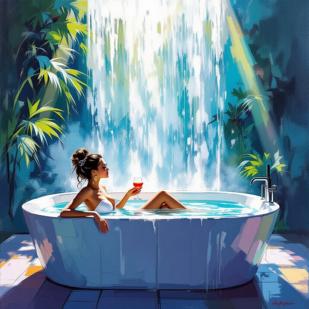 Fashionista Lounging Under Waterfall in Gouache Style