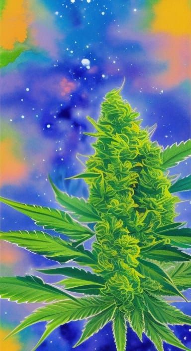 Galactic Cannabis Flower in Gouache Style