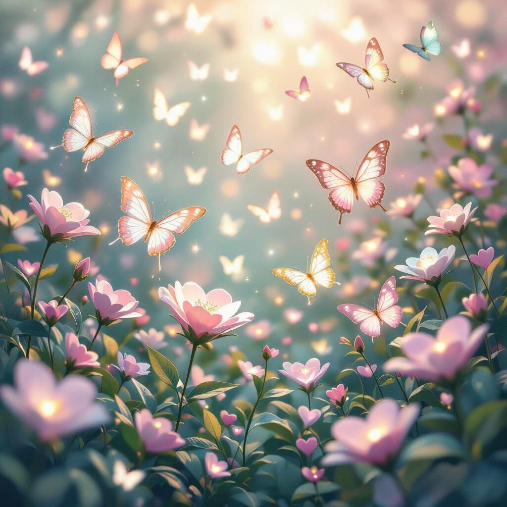 Radiant Light Butterflies in a Heart Garden