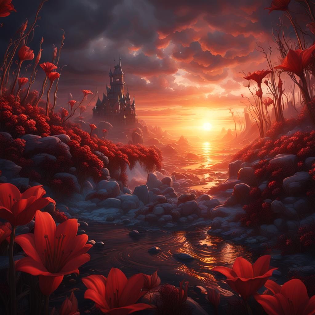 Bloody Sea with White Lilies at Sunset