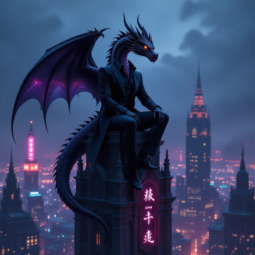 Obsidian Dragon on Gothic Skyscraper in Dark Cyberpunk Style
