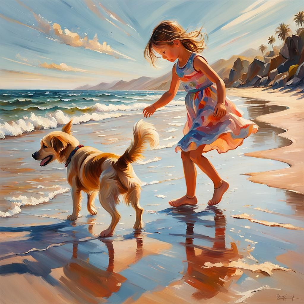 Girl with dog by the sea