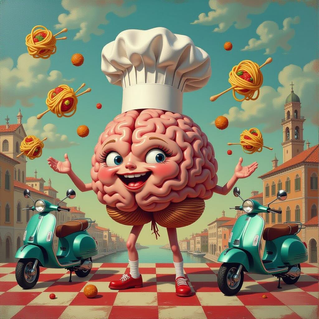 Surrealist Brain Chef Juggling Spaghetti in Bosch Dalí Style